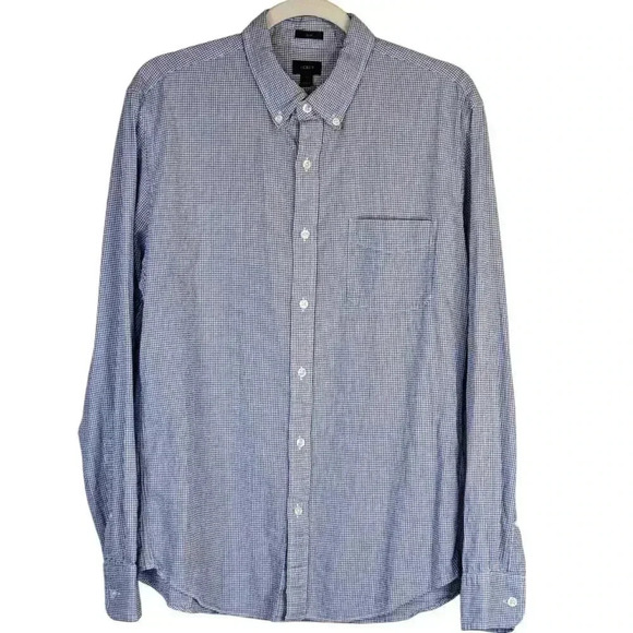 J. CREW Classic Cotton Poplin Dress Shirt in Micro Gingham check blue Large - Picture 1 of 7